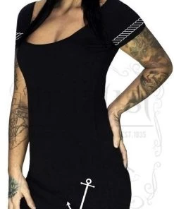 Dr Faust DRESSES Anchor And Ropes Short Sleeve Black Mini Dress - Nathaly