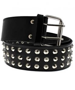 Dr Faust 3-Row Conical Studded Black Leather Belt - Kane