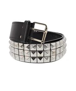 Dr Faust 3-Row Silver Pyramid Black Leather Belt - Kameron