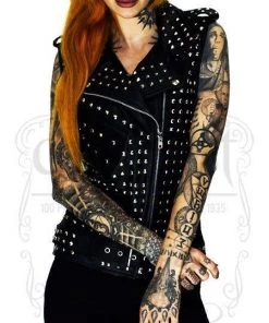 Dr Faust Square Studs Leather Black Biker Vest - Sol