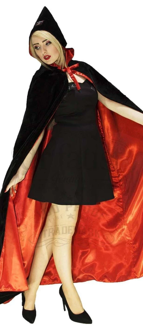Dr Faust Red Silk And Black Velvet Reversible Pointed Hooded Cape - Juliana DRESSES 4 Dr Faust Red Silk And Black Velvet Reversible Pointed Hooded Cape - Juliana DRESSES