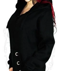 Dr Faust Metal Silver Moon Buttons Women's Black Hoodie - Zuri OMEN COLLECTIONNEW