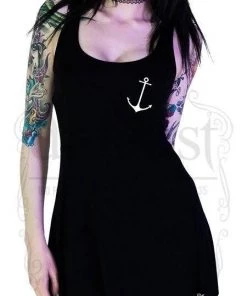 Dr Faust DRESSES Seafarer White Anchors Black Mini Dress - Liv