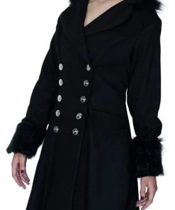 Dr Faust Faux Fur Cuffs Silver Buttons Black Wool Coat - Dominique JACKETS