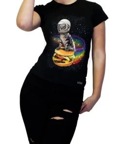 Dr Faust Cheezburger Astronaut Cat Black T-Shirt - Kaylin