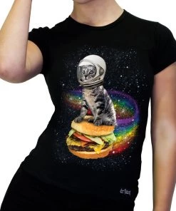 Dr Faust Cheezburger Astronaut Cat Black T-Shirt - Kaylin