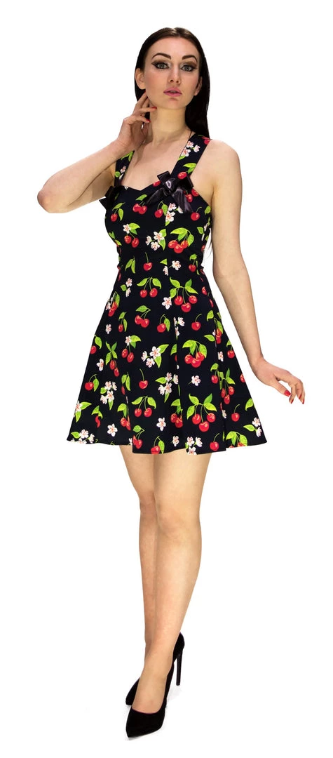 Dr Faust Cherry And Flowers Black Mini Dress - Kaitlyn