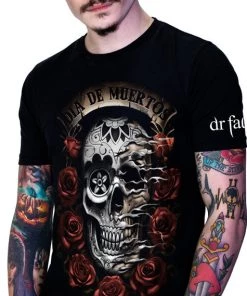 Dr Faust Dia De Muertos Roses Black T-Shirt - Lucca OMEN COLLECTIONNEW