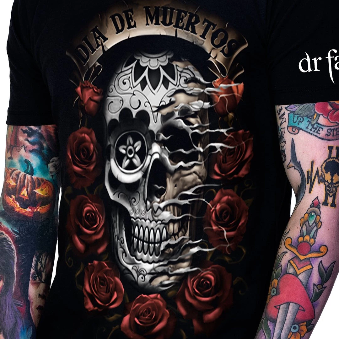 Dr Faust Dia De Muertos Roses Black T-Shirt - Lucca OMEN COLLECTIONNEW