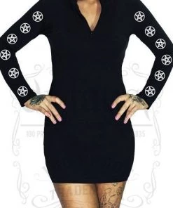 Dr Faust DRESSES Pentagrams Long Sleeved Black Mini Dress - Clare