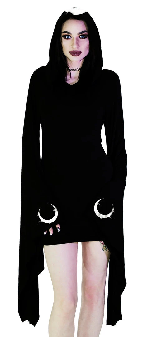 Dr Faust Dripping Crescent Moons Hooded Black Mini Dress - Meadow