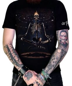 Dr Faust Flaming Yoga Skeleton Meditating Black T-Shirt - Lionel