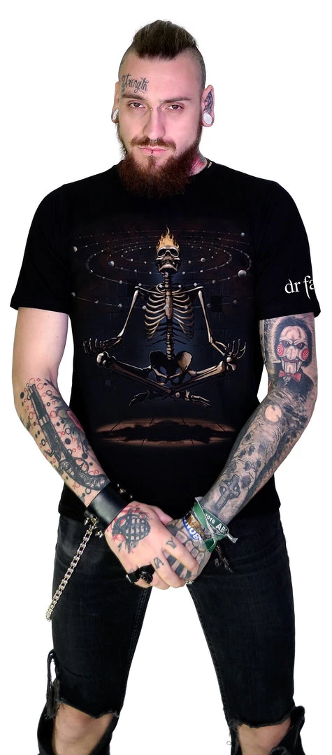 Dr Faust Flaming Yoga Skeleton Meditating Black T-Shirt - Lionel 3 Dr Faust Flaming Yoga Skeleton Meditating Black T-Shirt - Lionel