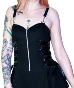 Dr Faust Zip Up Front D-Ring Black Mini Dress - Nylah DRESSES