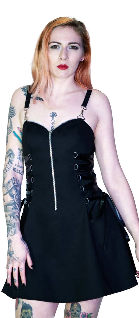 Dr Faust Zip Up Front D-Ring Black Mini Dress - Nylah DRESSES