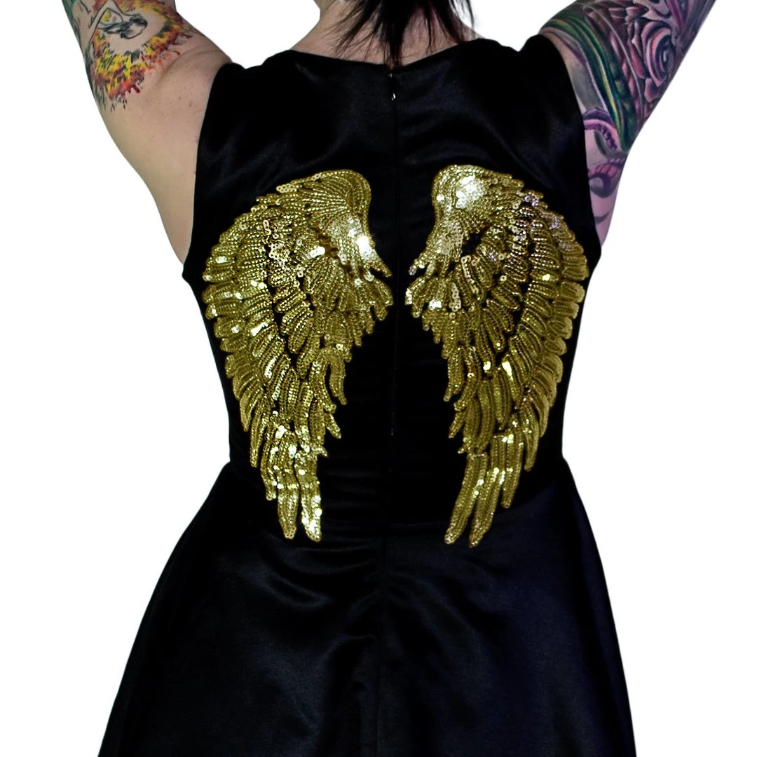 Dr Faust Gold Sequin Wings Black Silk Mini Dress - Hope DRESSES