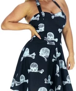 Dr Faust Grey Skull And Bones Halterneck Black Mini Dress - Zia