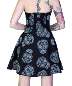 Dr Faust DRESSES Grey Sugar Skulls Halterneck Black Mini Dress - Medea