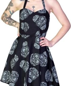 Dr Faust DRESSES Grey Sugar Skulls Halterneck Black Mini Dress - Medea