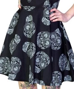 Dr Faust DRESSES Grey Sugar Skulls Halterneck Black Mini Dress - Medea