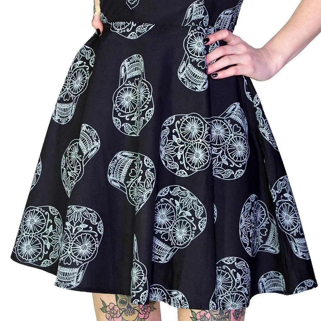 Dr Faust DRESSES Grey Sugar Skulls Halterneck Black Mini Dress - Medea