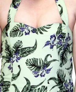 Dr Faust DRESSES Indigo Flowers Olive Green Plus Size Rockabilly Midi Dress - Jadis