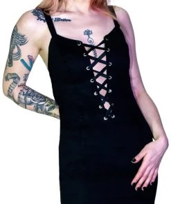 Dr Faust DRESSES Lace-Up Ribbon Black Mini Dress - Locasta