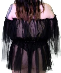 Dr Faust Lace Bardot Black Sheer Mini Dress - Wilhelmina DRESSES