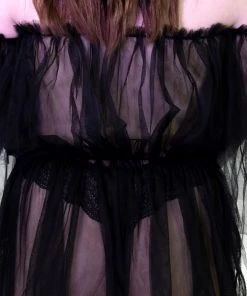 Dr Faust Lace Bardot Black Sheer Mini Dress - Wilhelmina DRESSES