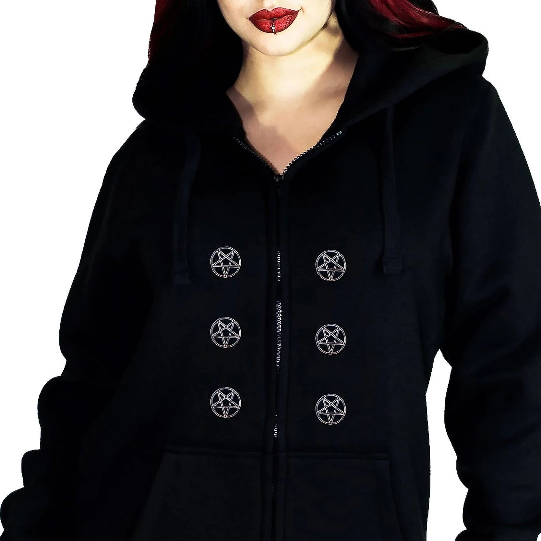 Dr Faust OMEN COLLECTIONNEW Occult Silver Pentagram Buttons Women's Black Hoodie - Georgia