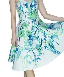 Dr Faust Turquoise Flowers White Midi Dress - Ophelia DRESSES