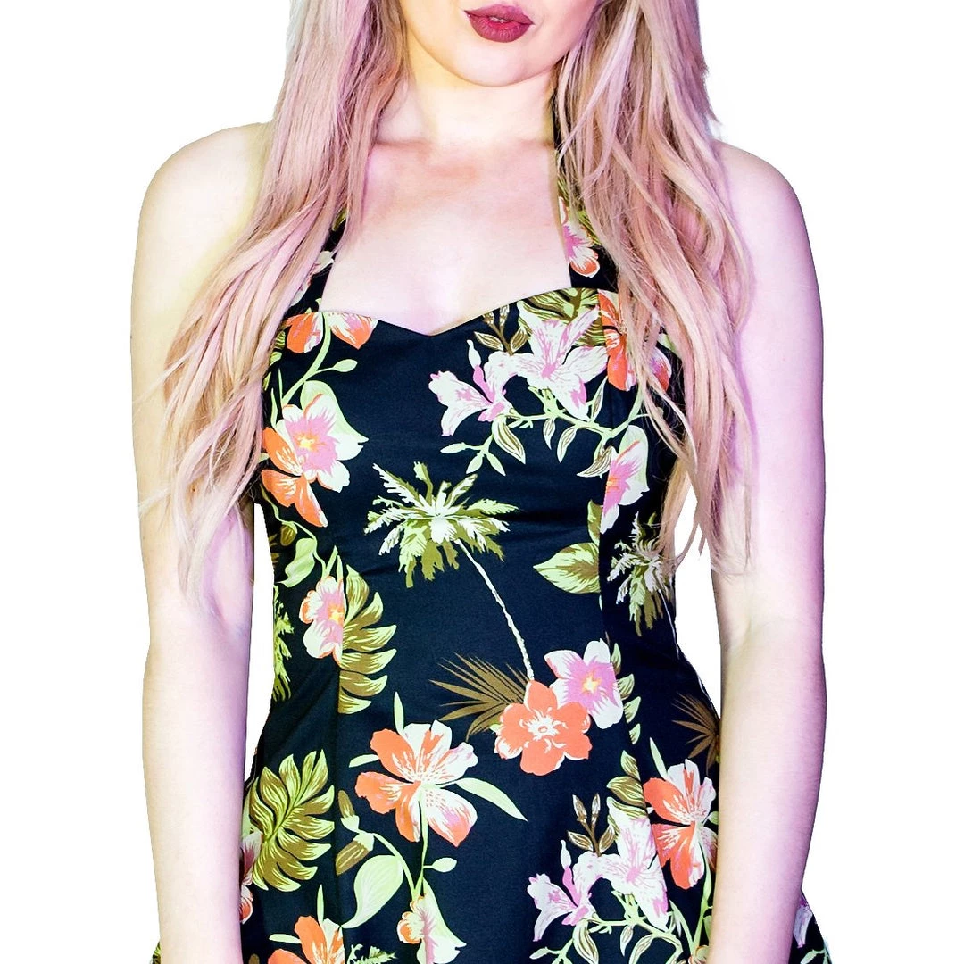 Dr Faust DRESSES Palm Trees And Exotic Flowers Black Retro Midi Dress - Marrama