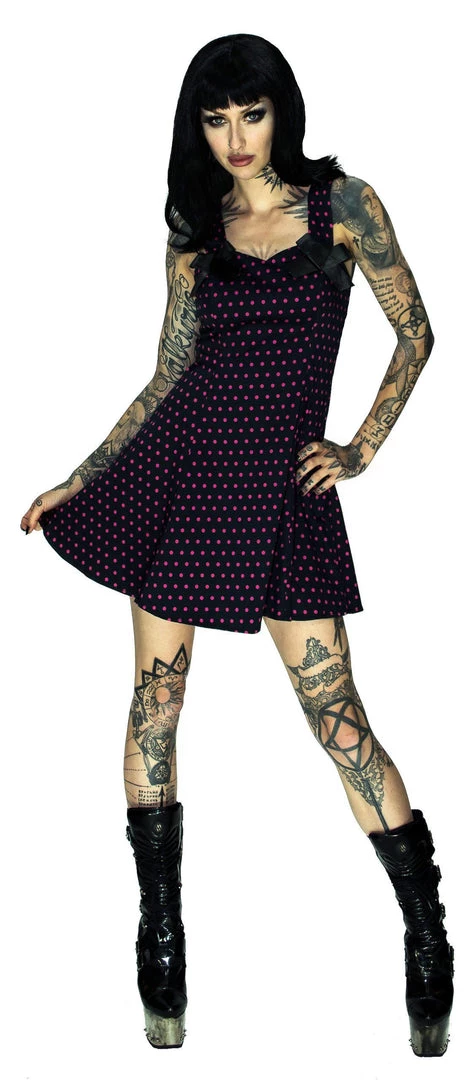 Dr Faust Pink Polka Dots Black Mini Dress - Kathy DRESSES