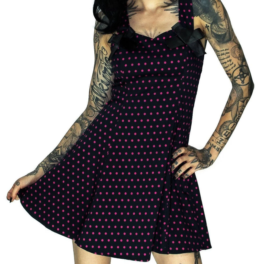 Dr Faust Pink Polka Dots Black Mini Dress - Kathy DRESSES
