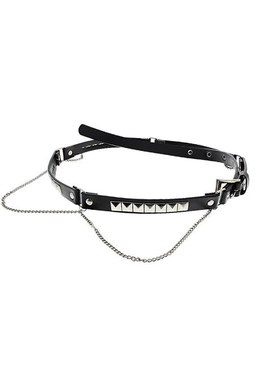 Dr Faust ACCESSORIES Pyramids & Hanging Chain Black Leather Belt - Kabir