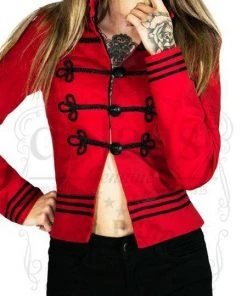 Dr Faust Black Military Swirl Braid Red Short Cotton Jacket - Fiorenza JACKETS