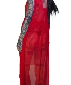 Dr Faust Ravishing Red Long Sheer Dress - Lacey DRESSES