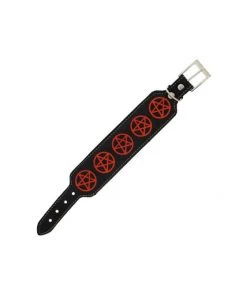 Dr Faust ACCESSORIES Red Pentagrams Black Vegan Leather Bracelet - Erick