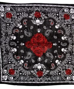 Dr Faust Bandanas Roses And Skulls Black Cotton Bandana - Jean