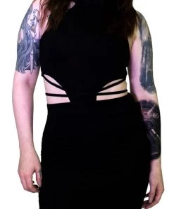 Dr Faust Seductive Black Stripes Black Midi Dress - Ruth DRESSES