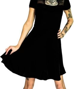 Dr Faust DRESSES Keyhole Short Sleeve Black Velvet Mini Dress - Odette