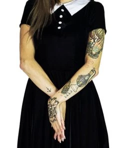 Dr Faust Short Sleeve Wednesday Addams Black Velvet Mini Dress - Kalinda DRESSES
