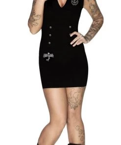 Dr Faust DRESSES Silver Anchor Buttons Black Mini Dress - Navey