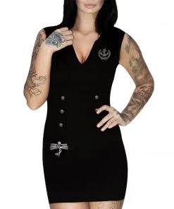 Dr Faust DRESSES Silver Anchor Buttons Black Mini Dress - Navey