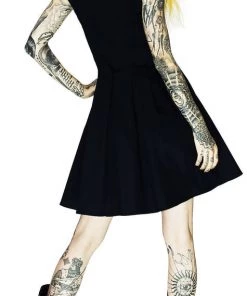 Dr Faust Silver Moon Buttons Black Midi Dress - Vanda DRESSES