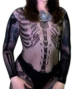 Dr Faust Skeleton Printed Fish Net Black Sheer Mini Dress - Sabine