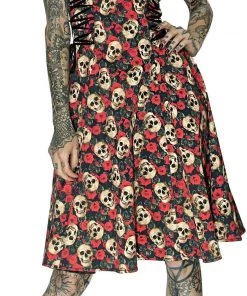 Dr Faust Darkly Skulls And Red Roses Midi Dress - Piper