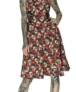 Dr Faust Darkly Skulls And Red Roses Midi Dress - Piper