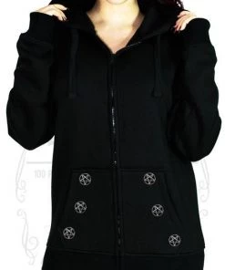 Dr Faust Silver Pentagram Buttons Women's Black Hoodie - Sloane