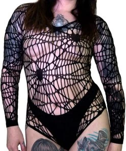 Dr Faust Spider Web Fish Net Black Sheer Bodysuit - Idania